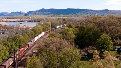 Aerial view of Freight Train at Stony Point - New York Stock Footage 129649347