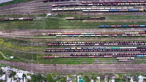 Aerial view of freight trains at the rail yard in Georgia. Stock Footage 345591821