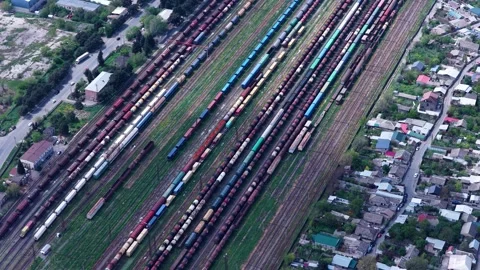 Aerial view of freight trains in a railway yard, Georgia. Stock Footage 345424696
