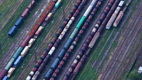Aerial view of freight trains in a railway yard, Georgia. Stock Footage 345424760