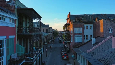 Aerial view of a French Quarter Street in New Orleans, Louisiana Stock Footage