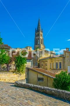 Aerial view of French village Saint Emilion dominated by spire of the monolit Stock Photos