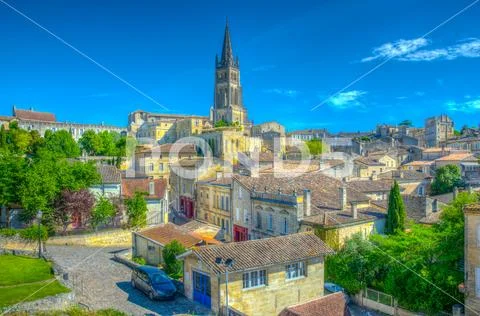 Aerial view of French village Saint Emilion dominated by spire of the monolit Stock Photos