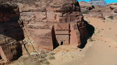 Aerial view in front of ancient Hegra city tombs of the Nabataean kingdom Stock Footage 217353598