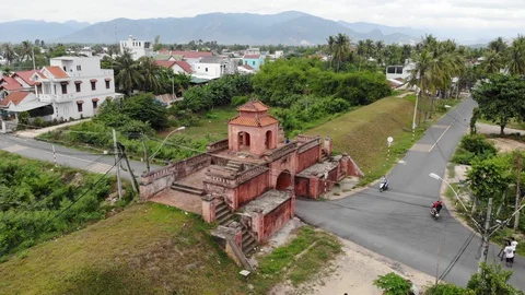 Aerial view of front gate of the old Dien Khanh Citadel, situated in Dien Kha Stock Footage 128145701