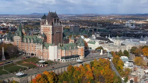Aerial View of Frontenac Castle in Quebec City, Canada, During Fall Season Stock Footage