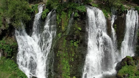 Aerial view of the full cascade wall of Shaki waterfall in Syunik, Armenia Stock Footage 342843172