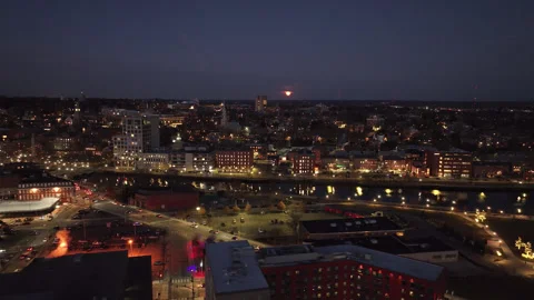 Aerial view of a full moon over Providence Stock Footage 326079736