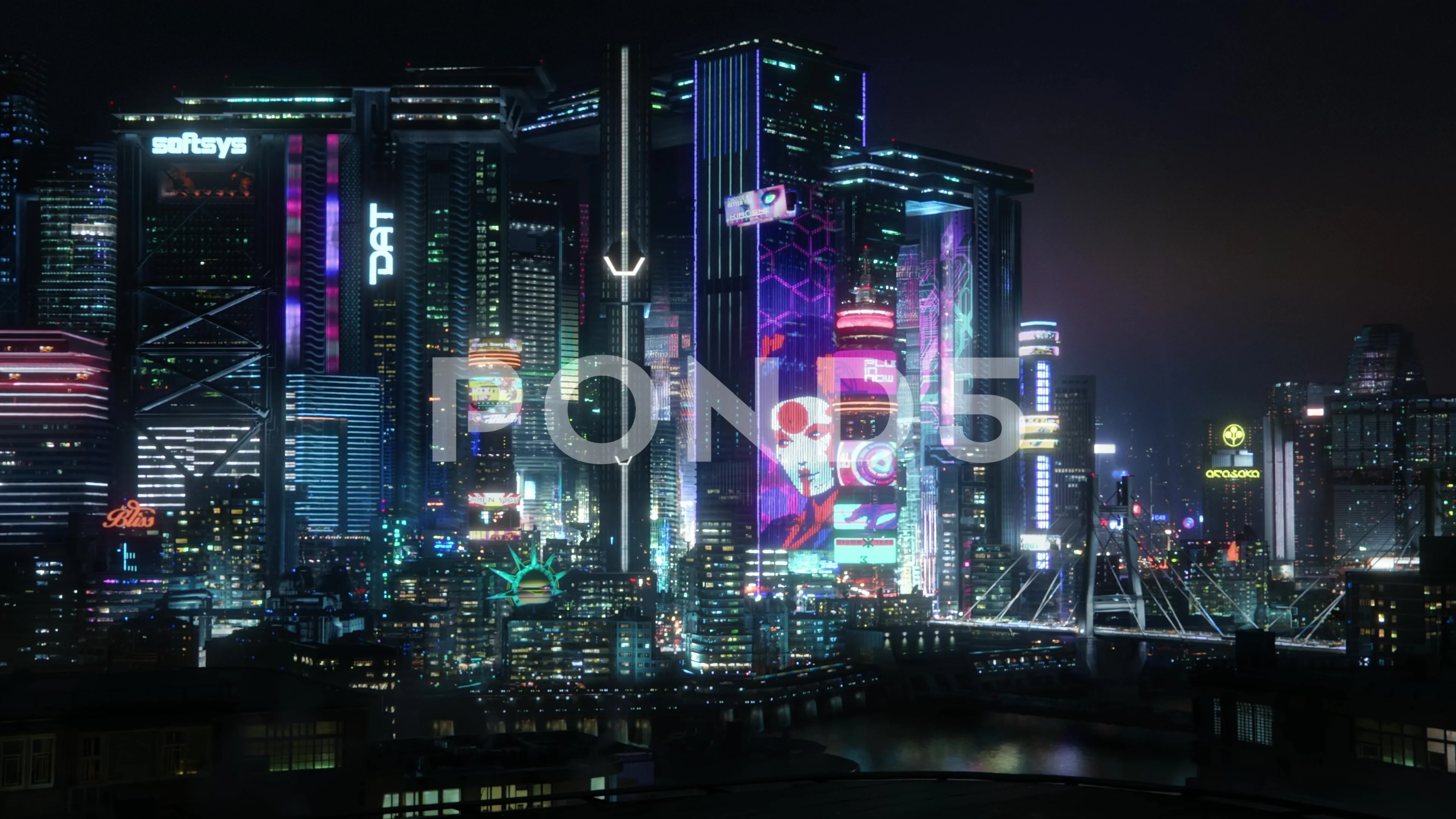 Beautiful Cyberpunk Cityscape, Glitchy Animation style, Cyberpunk Wallpaper/Background, Stock Illustration