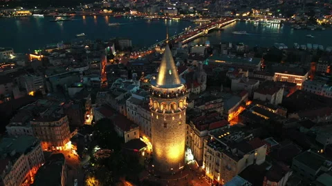 Aerial view of Galata tower at night in Istanbul, Turkey. Stock-Footage 199824900