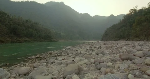 Aerial View of the Ganges River Banks in Northern India Stock Footage