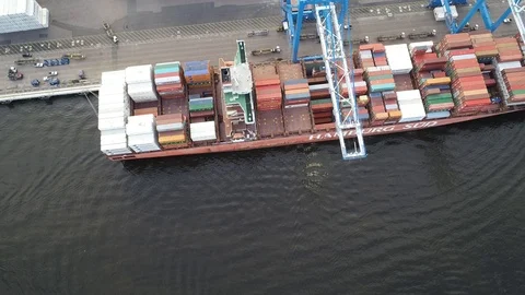 Aerial View of Gantry Crane Loading and Unloading Ship Stock Footage 99848293