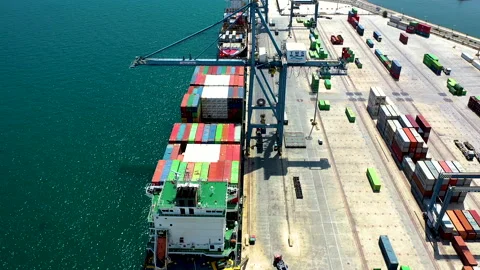 Aerial view of gantry cranes working in the port of Alicante. Stock Footage 144050620