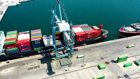 Aerial view of gantry cranes working in the port of Alicante. Stock Footage 144051614