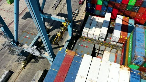 Aerial view of gantry cranes working in the port of Alicante. Stock Footage 144055375