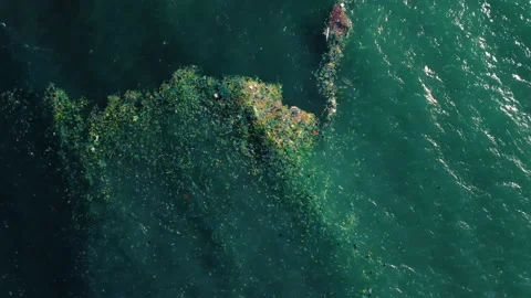 Aerial View Of Garbage Patch Floating In The Rubbish Sea In Vietnam. Water Stock Footage 205242746
