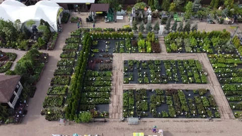 Aerial view of garden shop. working people. potted plants Stock Footage 200071029