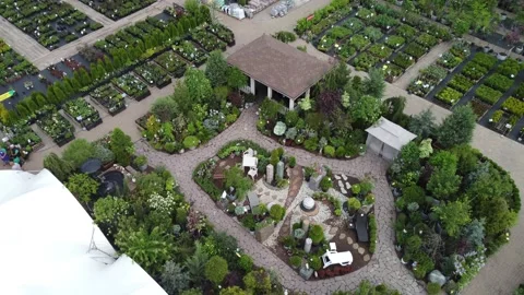 Aerial view of garden shop. working people. potted plants Stock Footage 200072602