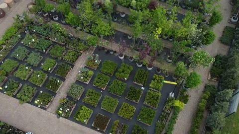 Aerial view of garden shop. working people. potted plants Stock Footage 200075754
