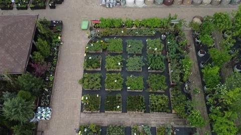 Aerial view of garden shop. working people. potted plants Stock Footage 200076690