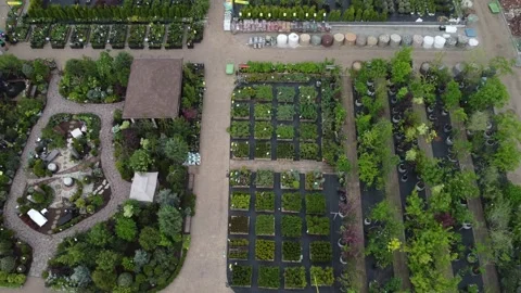 Aerial view of garden shop. working people. potted plants Stock Footage 200079110