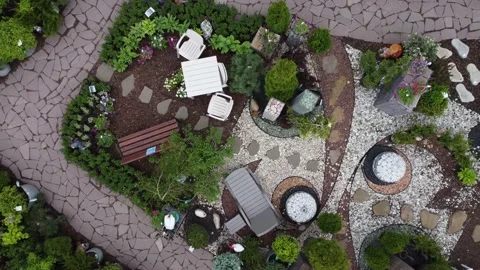 Aerial view of garden shop. working people. potted plants Stock Footage 200082417