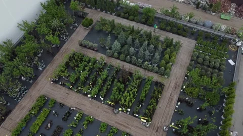 Aerial view of garden shop. working people. potted plants Stock Footage 200086879