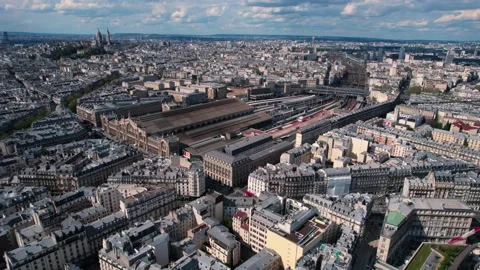 Aerial view of Gare de l'Est railway station in Paris, France, circle pan, Stock Footage 202419275