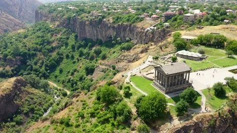 Aerial view Garni temple. Garni Pagan Temple on rock in Armenia, Caucasus. Stock Footage 234318074
