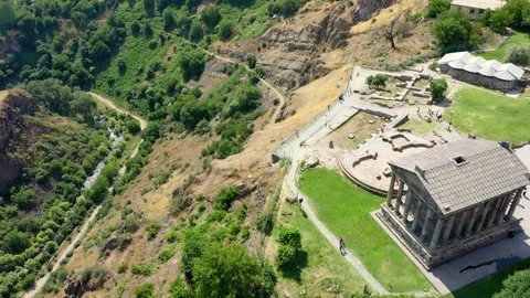 Aerial view Garni temple. Garni Pagan Temple on rock in Armenia, Caucasus. Stock Footage 234318108