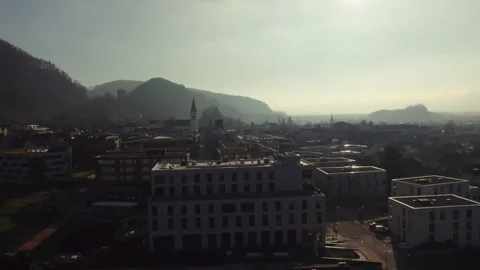 Aerial View of Garnmarkt District in Götzis at Sunrise Stock Footage 336336786