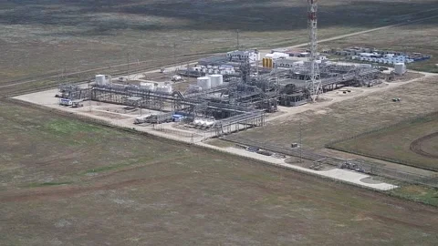 Aerial view of the gas processing plant on a bright sunny summer day Stock Footage 157231368