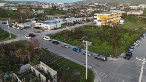 Aerial view of gas station queue in San Jose, Northern Mariana Islands. 스톡 동영상 339182594