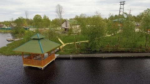 Aerial view of gazeb on the river Видео 99169530