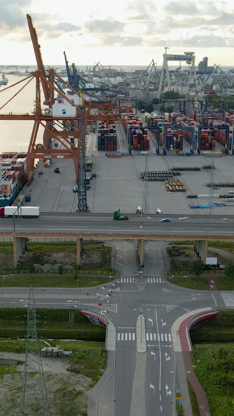 Aerial View Of Gdynia Container Port With Industrial Cranes And Estakada Bridge Stock Footage 339753012
