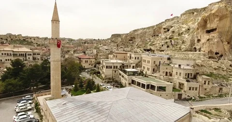 Aerial view, general view of Urgup and mosque, Cappadocia, TURKEY  Video stock 76045669