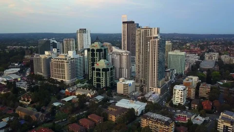 Aerial view of generic city during sunset Stock Footage 85569697
