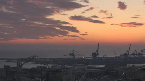 Aerial view of Genoa port by night, Italy Stock Footage