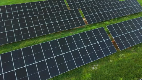 Aerial View of Geometric Solar Panel Rows Stock Footage 340546164