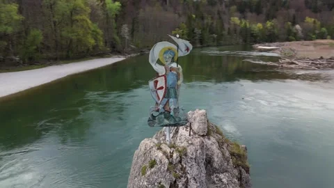 Aerial view of Georgenstein, a massive boulder rising from the Isar River near Stock Footage 315684155