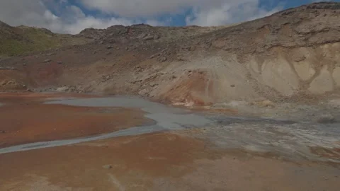 Aerial View Of Geothermal Mud Pools In Krisuvik Iceland Landscape Stock Footage 346508364