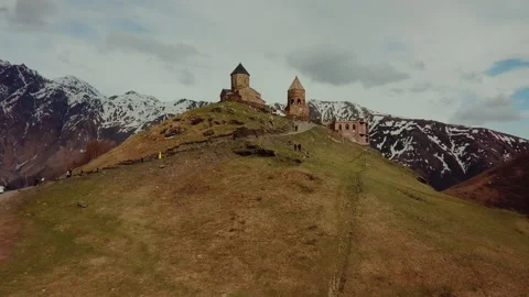 Aerial View At The Gergeti Trinity Church Tsminda Sameba Stock Footage 172120451