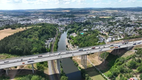 Aerial view of German highway A3 and highway-bridge Stock Footage 340323636