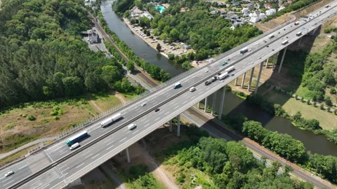 Aerial view of German highway A3 and highway-bridge Stock Footage 340324584