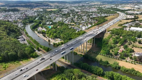 Aerial view of German highway A3 and highway-bridge Stock Footage 340324609
