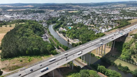 Aerial view of German highway A3 and highway-bridge Stock Footage 340326008