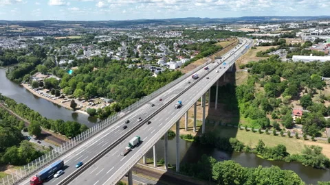 Aerial view of German highway A3 and highway-bridge Stock Footage 340327171