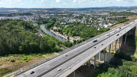Aerial view of German highway A3 and highway-bridge Stock Footage 340327443