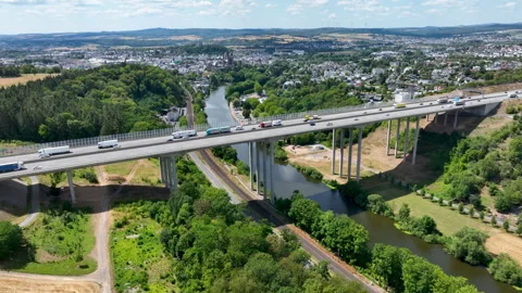 Aerial view of German highway A3 and highway-bridge Stock Footage 340328941