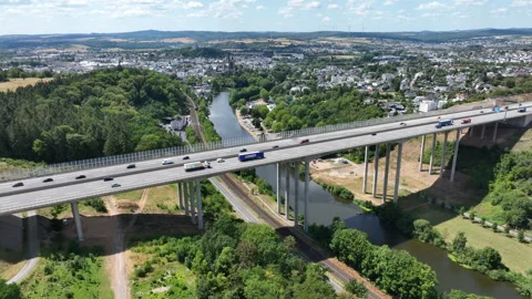 Aerial view of German highway A3 and highway-bridge Stock Footage 340329045